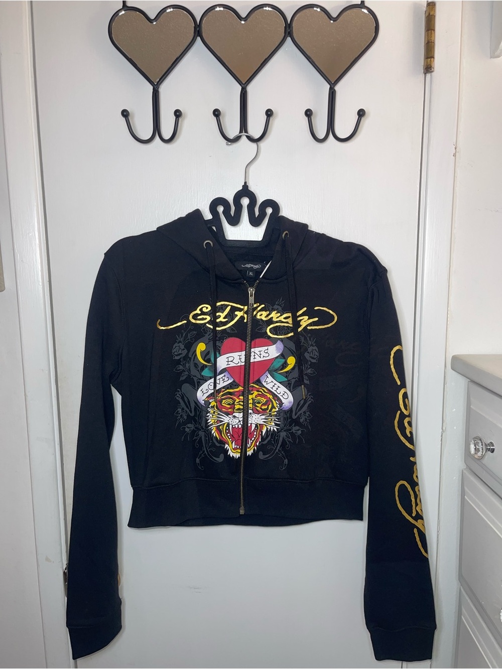NWT Ed Hardy Black Hooded Zip-Up Jacket with Tiger Graphic and Yellow Script